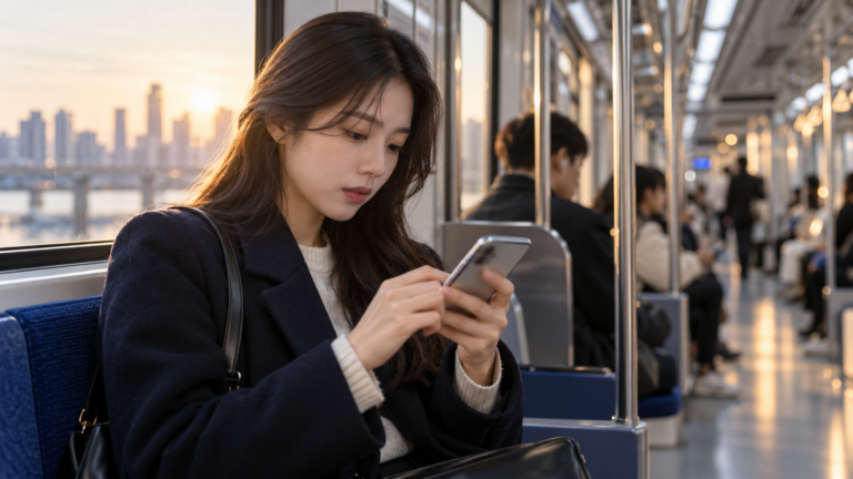 지하철에서 휴대전화로 청년미래적금 2차 신청 정보를 확인하는 청년