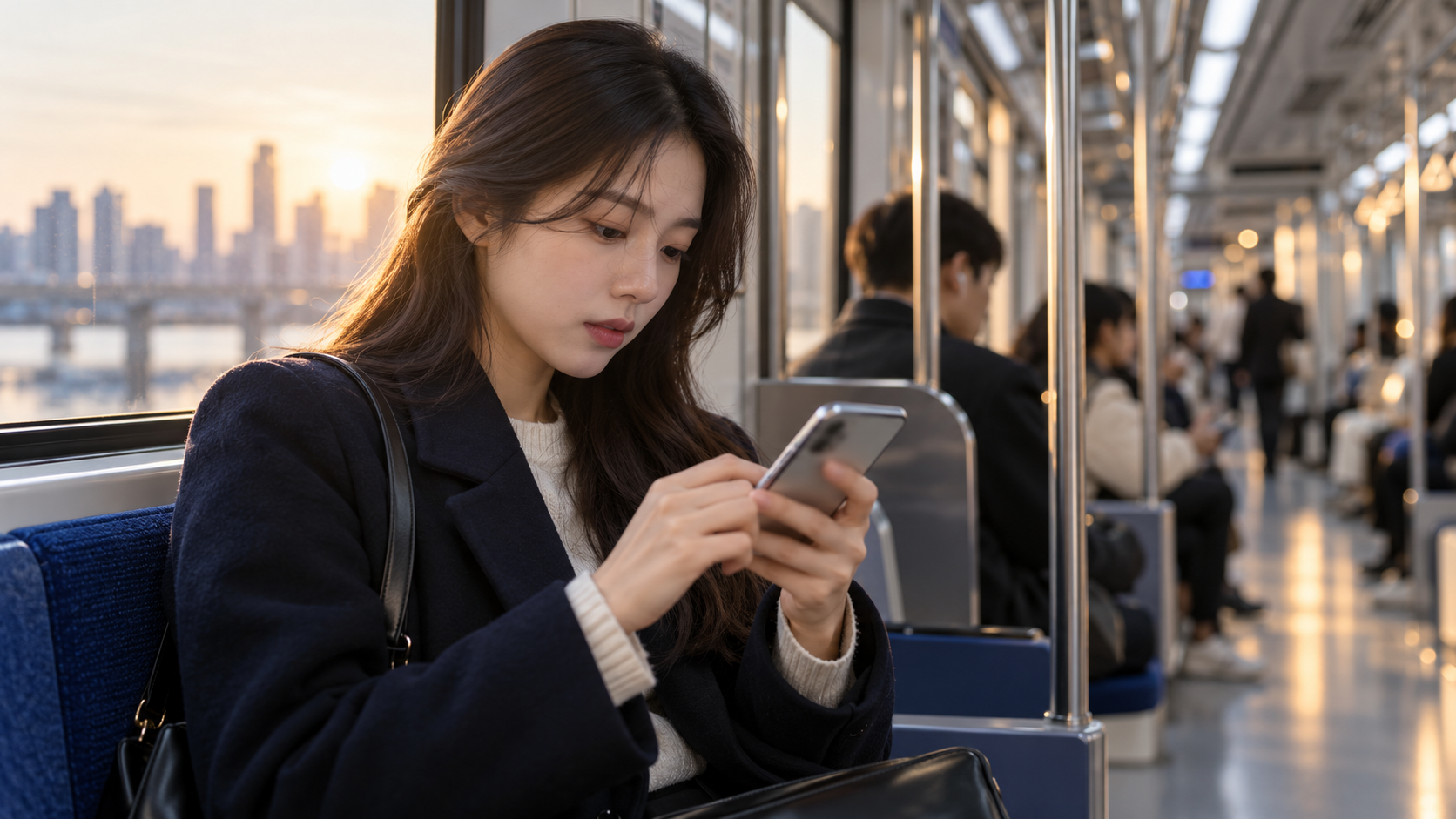 지하철에서 휴대전화로 청년미래적금 2차 신청 정보를 확인하는 청년