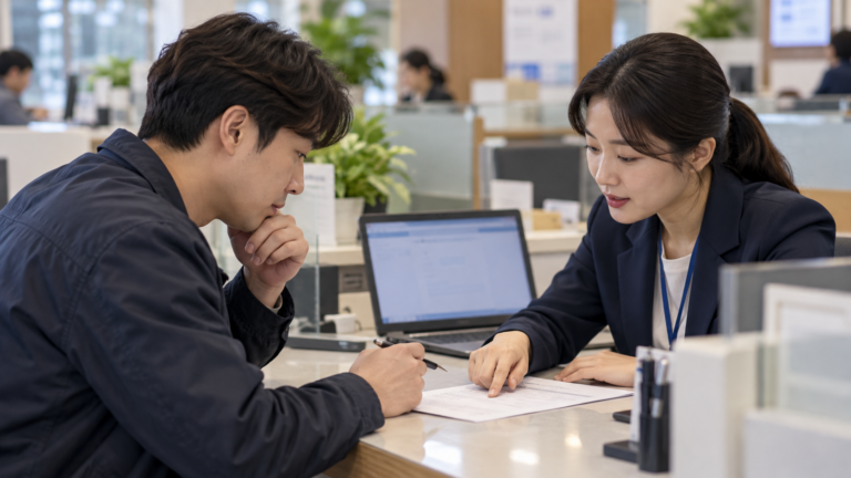 금융기관 상담 창구에서 고객이 직원과 휴면예금 지급신청 관련 서류를 확인하는 장면